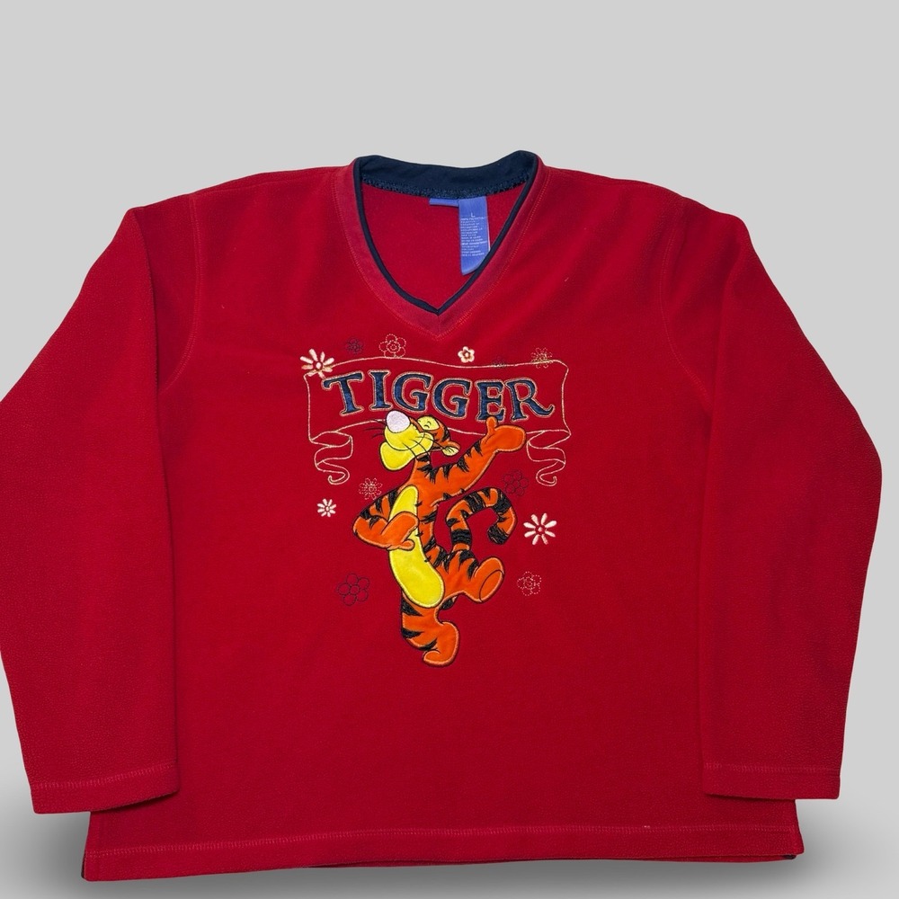 VTG Disney Tigger Fleece Pullover Women L Red Embroidered V-Neck Long 90s Y2K